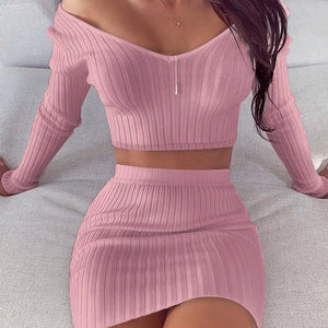 Women's V-Neck Long Sleeve Skirt Set