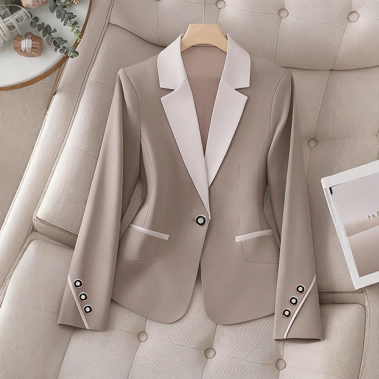 Women’s Elegant Formal Blazer Contrast Trim Button Office Workwear Slim Fit Jacket