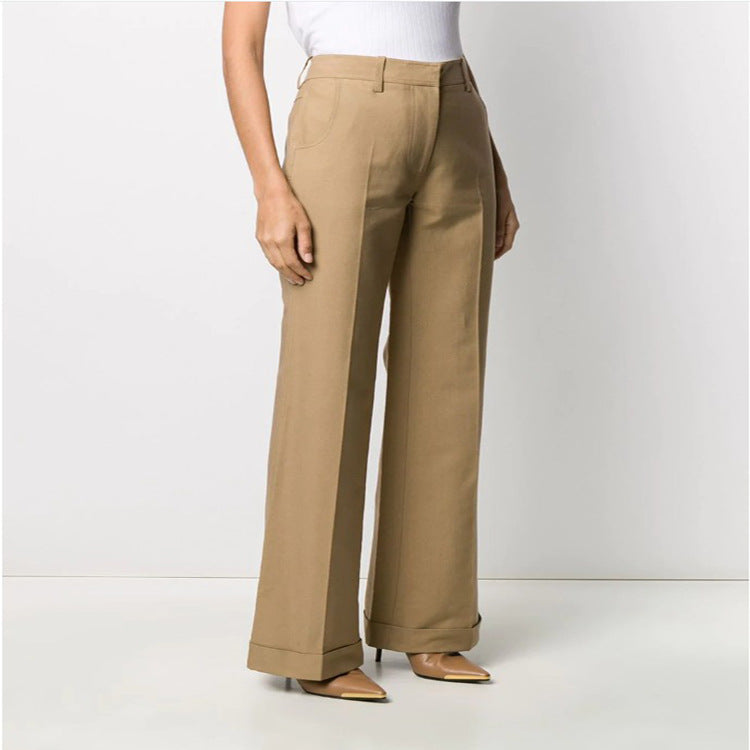 Women's Wide Leg Suit Trousers – High Waist Straight Cut in Beige (S–XL)