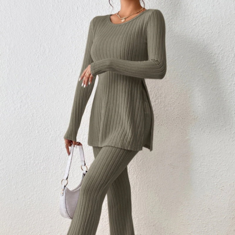 Women’s Elegant Polyester Casual Two Piece Outfit Slim Fit Long Sleeve Set