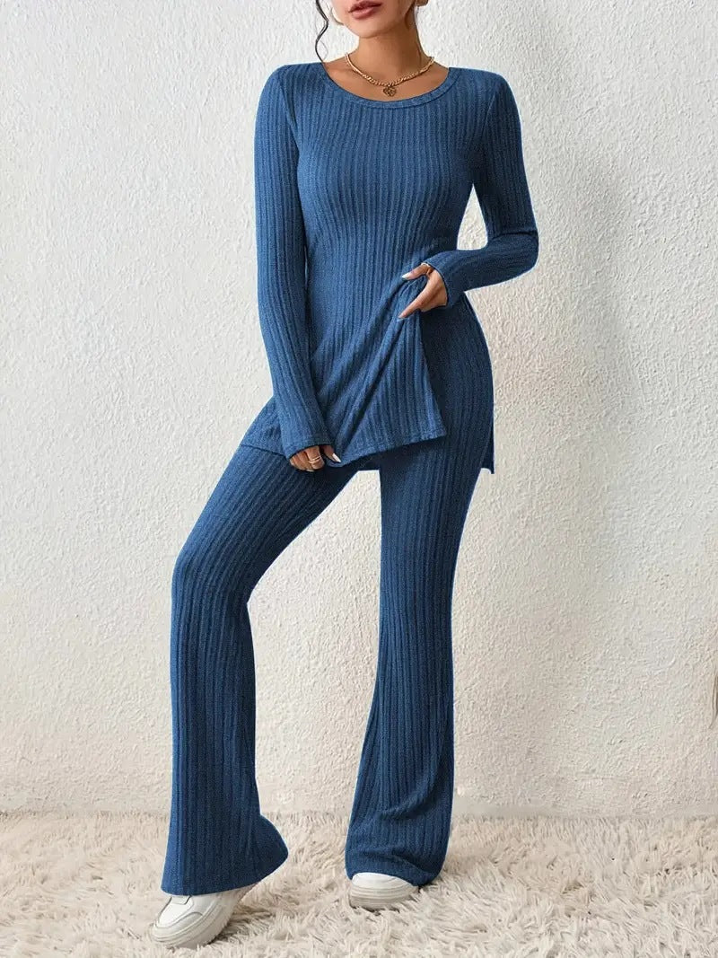 Women’s Elegant Polyester Casual Two Piece Outfit Slim Fit Long Sleeve Set