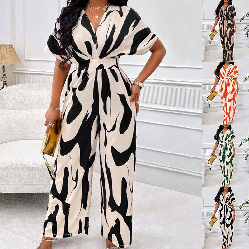 Women's V-Neck Loose Printed Long Jumpsuit