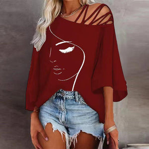 Women’s Loose Fit Printed Cotton Blouse Asymmetrical Collar Casual Top