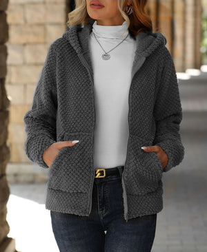 Women’s Hooded Plush Jacket Zip Up Oversized Winter Coat Warm Fleece Casual Jacket