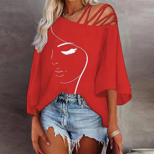 Women’s Loose Fit Printed Cotton Blouse Asymmetrical Collar Casual Top