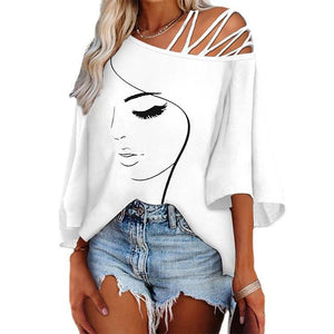 Women’s Loose Fit Printed Cotton Blouse Asymmetrical Collar Casual Top