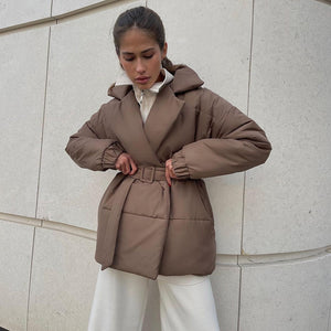 Women’s Belted Padded Coat Slim Fit Thick Cotton Jacket Winter Warm Cinched Waist Coat