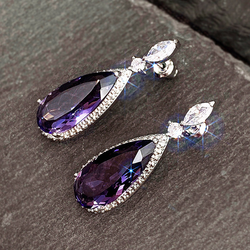 Purple Zircon Drop Earrings for Women – Bridal Micro-Inlaid Copper Dangle Earrings