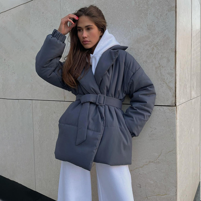 Women’s Belted Padded Coat Slim Fit Thick Cotton Jacket Winter Warm Cinched Waist Coat