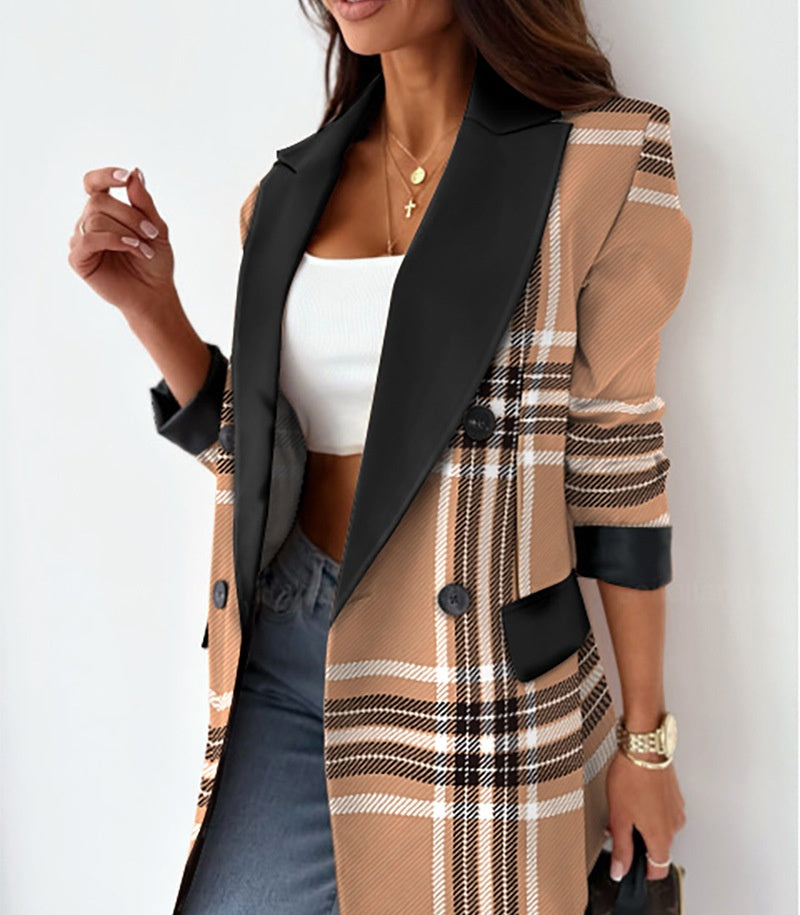 Women's Loose Fit Blazer – Camel Plaid & Apricot | Casual Office Jacket