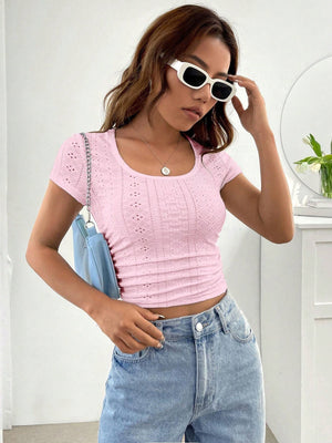 Women’s Slim Fit Eyelet Crop Top Round Neck Short Sleeve Summer T-Shirt