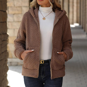 Women’s Hooded Plush Jacket Zip Up Oversized Winter Coat Warm Fleece Casual Jacket