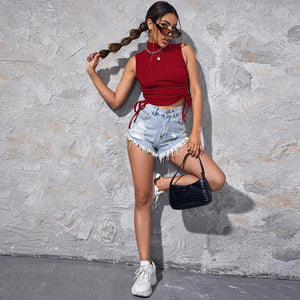 Women’s Street Style Turtleneck Sleeveless Knitted Vest Top Drawstring Casual Fit