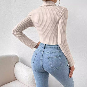 Women’s French Style Turtleneck Knitted Jumpsuit Long Sleeve Short Romper