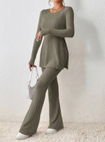 Women’s Elegant Polyester Casual Two Piece Outfit Slim Fit Long Sleeve Set