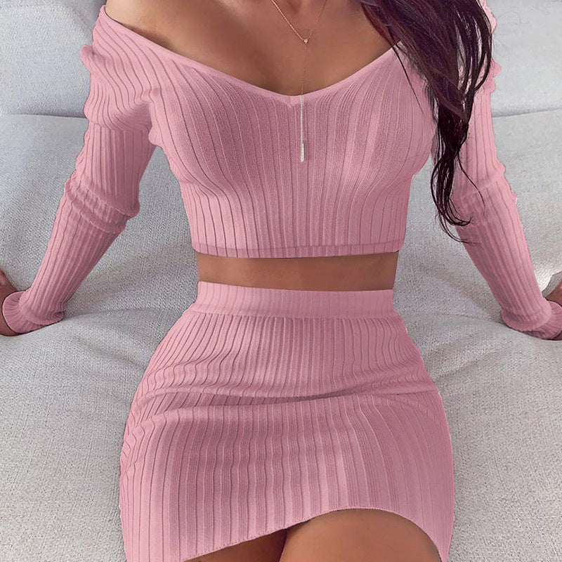 Women's V-Neck Long Sleeve Skirt Set