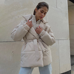 Women’s Belted Padded Coat Slim Fit Thick Cotton Jacket Winter Warm Cinched Waist Coat