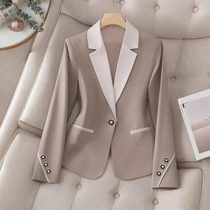 Women’s Elegant Formal Blazer Contrast Trim Button Office Workwear Slim Fit Jacket