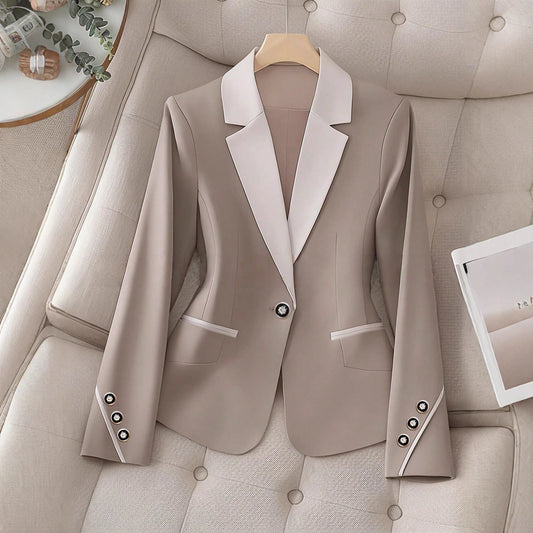 Women’s Elegant Formal Blazer Contrast Trim Button Office Workwear Slim Fit Jacket