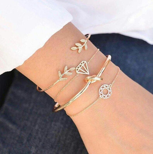 Bohemian Leaf Charm Bracelet Set for Women – Gold Chain Cuff Bangle Jewelry (4PCS)