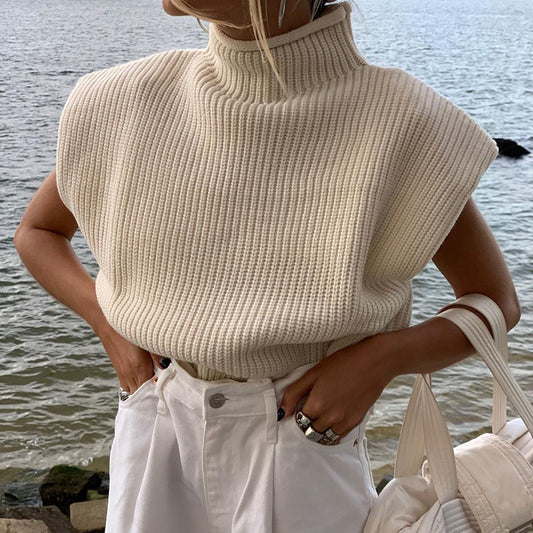 Women’s High Neck Short Sleeve Knit Sweater Top Elegant Slim Fit Pullover