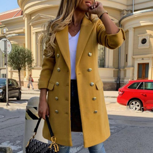 Women’s Wool Blend Trench Coat Double Breasted Lapel Mid Length Slim Fit Winter Jacket