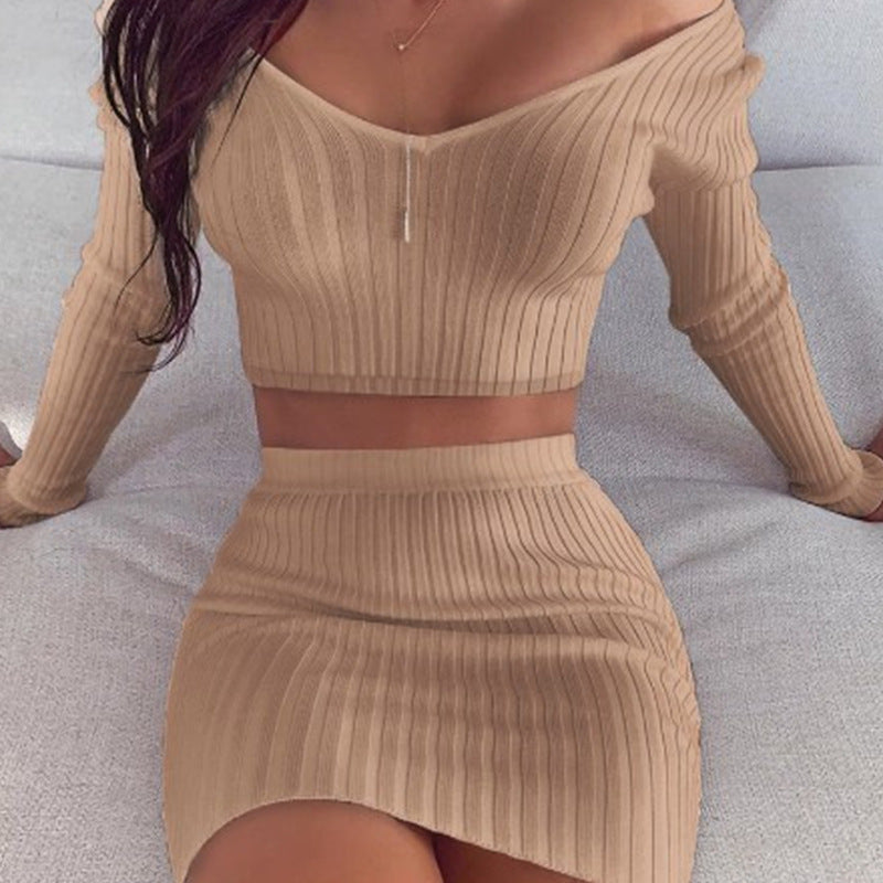 Women's V-Neck Long Sleeve Skirt Set