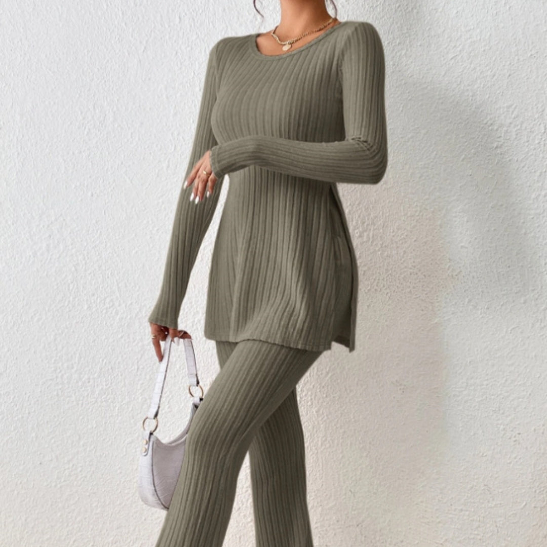 Women’s Elegant Polyester Casual Two Piece Outfit Slim Fit Long Sleeve Set
