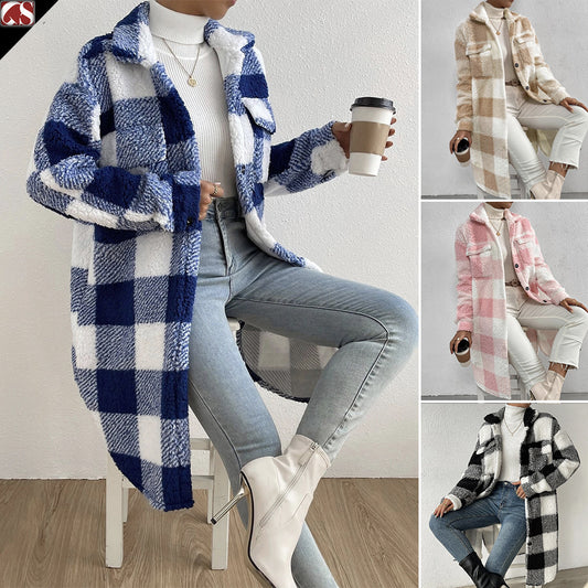 Women's Plaid Plush Coat with Lapel – Loose Fit