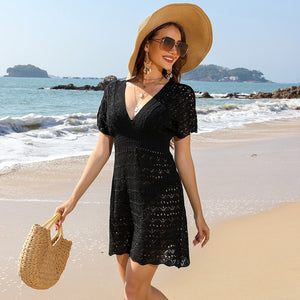 Women’s Deep V-Neck Beach Dress Hollow Out Wave Pattern Summer Mini Dress