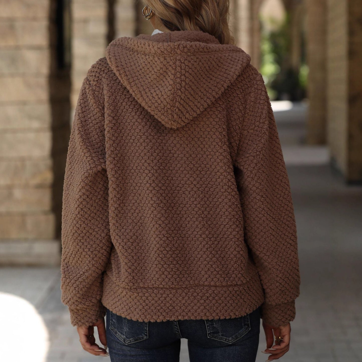 Women’s Hooded Plush Jacket Zip Up Oversized Winter Coat Warm Fleece Casual Jacket