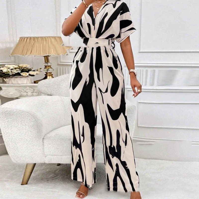 Women's V-Neck Loose Printed Long Jumpsuit