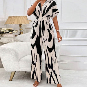 Women's V-Neck Loose Printed Long Jumpsuit