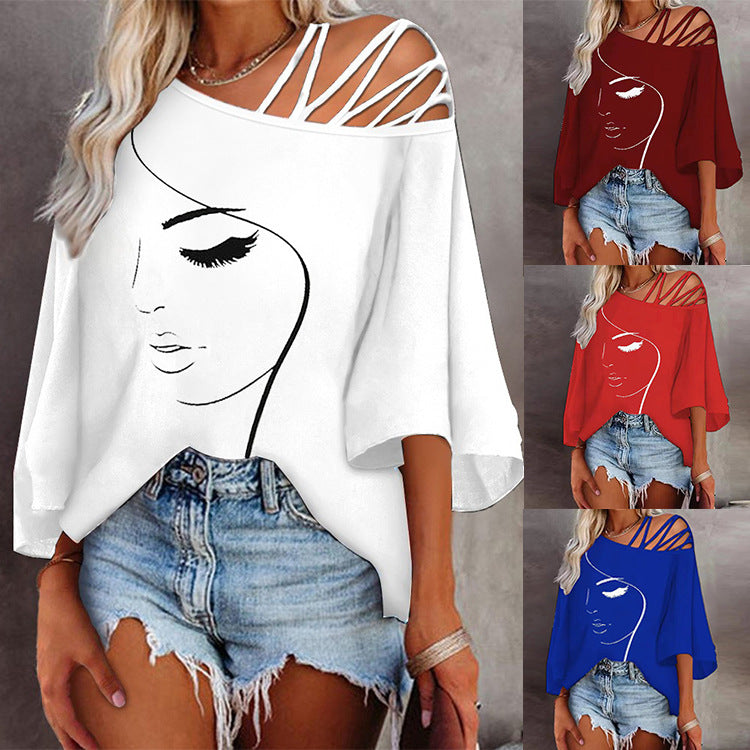 Women’s Loose Fit Printed Cotton Blouse Asymmetrical Collar Casual Top