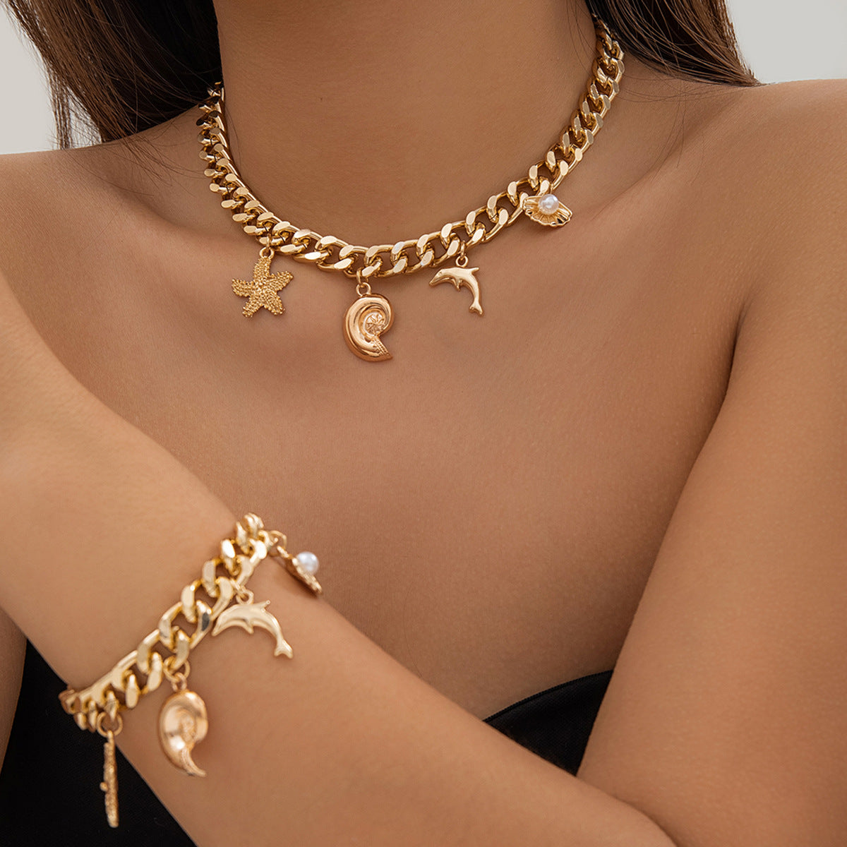 Boho Shell Pendant Necklace & Bracelet – Conch Dolphin Starfish Chain Jewelry for Women