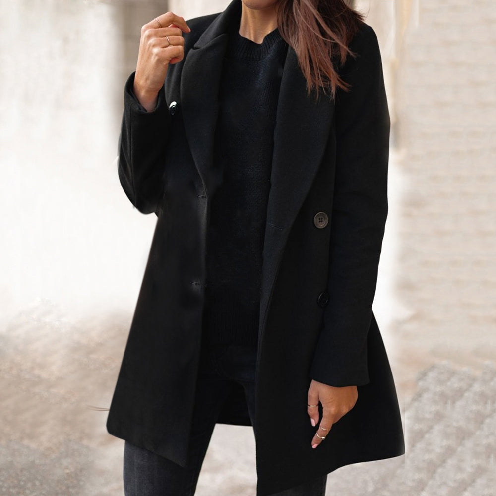 Women’s Long Wool Coat Slim Fit Suit Collar Winter Jacket Elegant Mid Length Overcoat