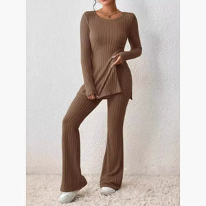 Women’s Elegant Polyester Casual Two Piece Outfit Slim Fit Long Sleeve Set