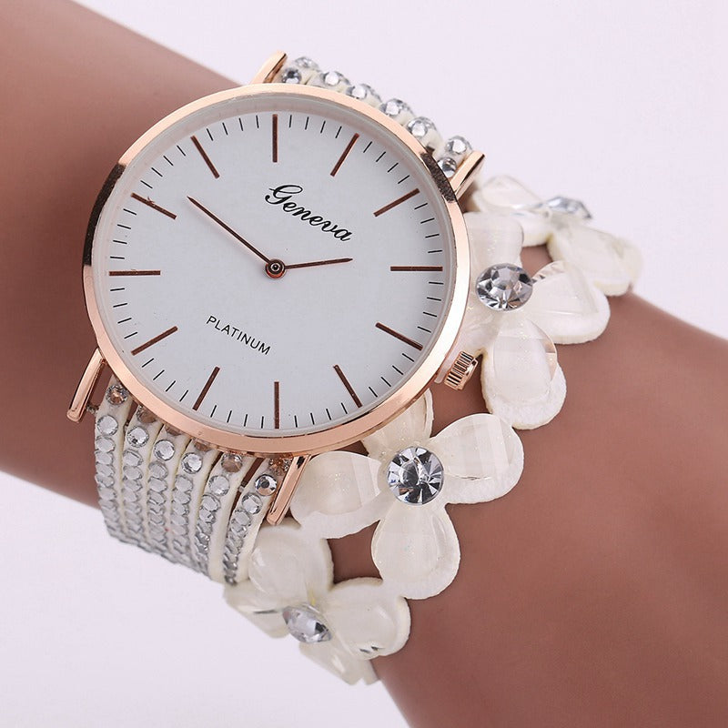Women’s Elegant Flower Quartz Watch – Geneva Style Crystal Bracelet Dress Watch
