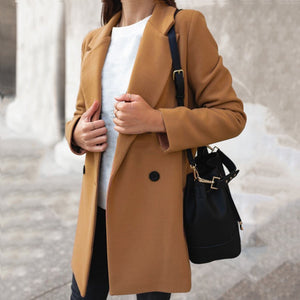 Women’s Long Wool Coat Slim Fit Suit Collar Winter Jacket Elegant Mid Length Overcoat