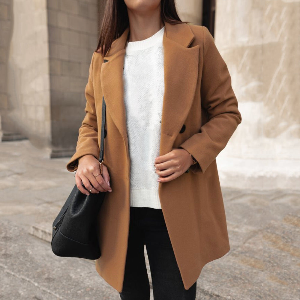Women’s Long Wool Coat Slim Fit Suit Collar Winter Jacket Elegant Mid Length Overcoat