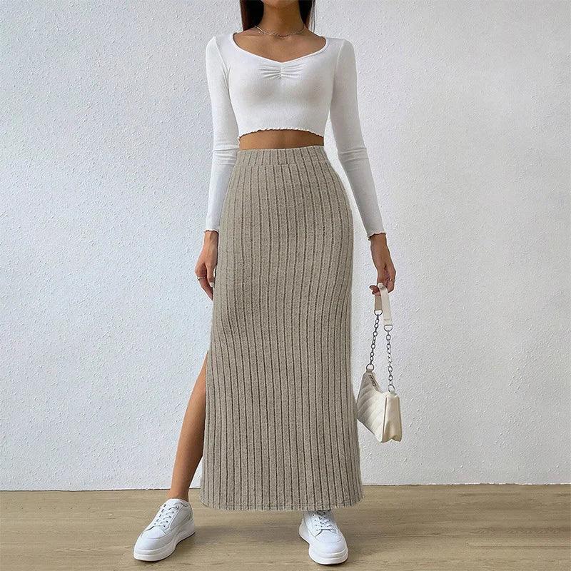 Women's High-Waisted Elastic Skirt with Slit