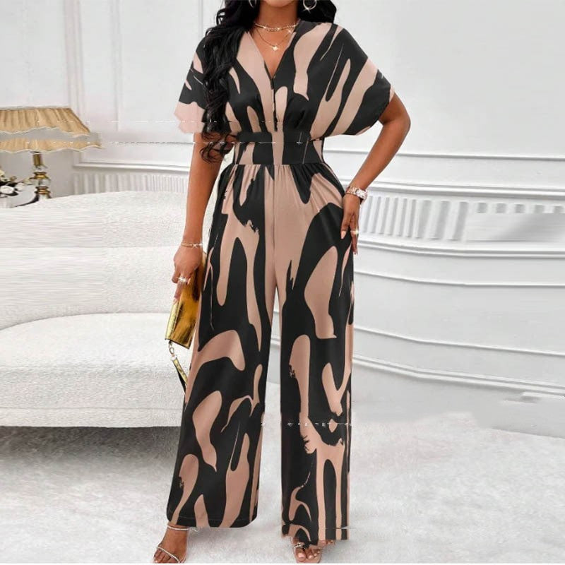 Women's V-Neck Loose Printed Long Jumpsuit