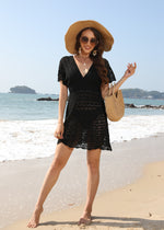 Women’s Deep V-Neck Beach Dress Hollow Out Wave Pattern Summer Mini Dress