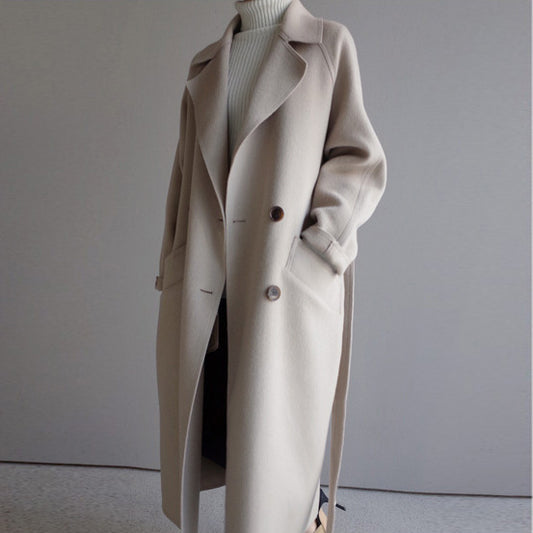 Women's Cashmere Coat with Lapel – Black, Caramel & White