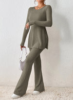 Women’s Elegant Polyester Casual Two Piece Outfit Slim Fit Long Sleeve Set