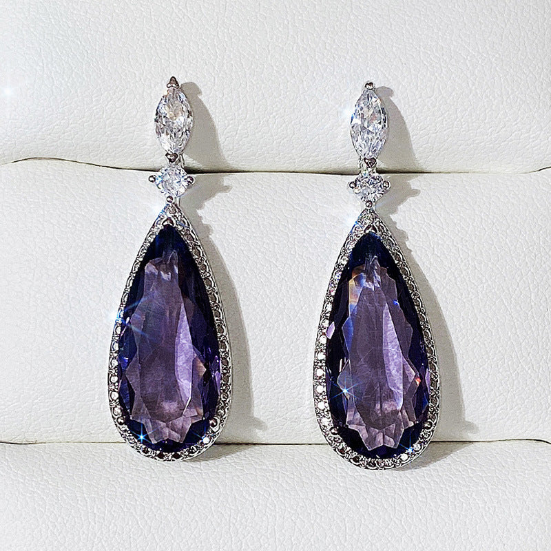 Purple Zircon Drop Earrings for Women – Bridal Micro-Inlaid Copper Dangle Earrings