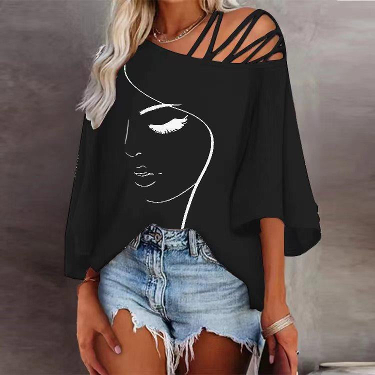 Women’s Loose Fit Printed Cotton Blouse Asymmetrical Collar Casual Top