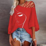 Women’s Loose Fit Printed Cotton Blouse Asymmetrical Collar Casual Top