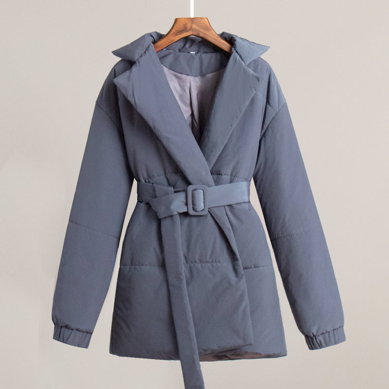 Women’s Belted Padded Coat Slim Fit Thick Cotton Jacket Winter Warm Cinched Waist Coat