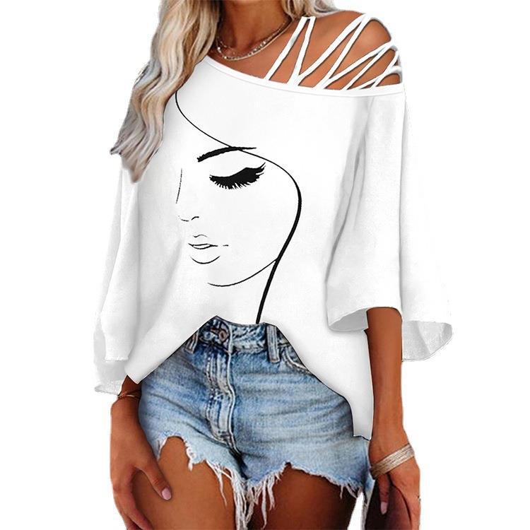 Women’s Loose Fit Printed Cotton Blouse Asymmetrical Collar Casual Top